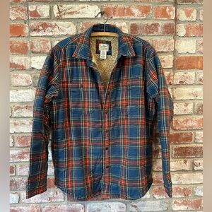 L.L.Bean Medium Sherpa Flannel Plaid Shirt Slightly Fitted Shacket Blue Red